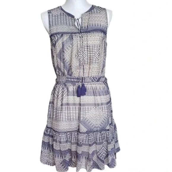 Rebecca Minkoff Nicky dress ruffle bottom sleeveless tassels blue tan print XS - Picture 5 of 13